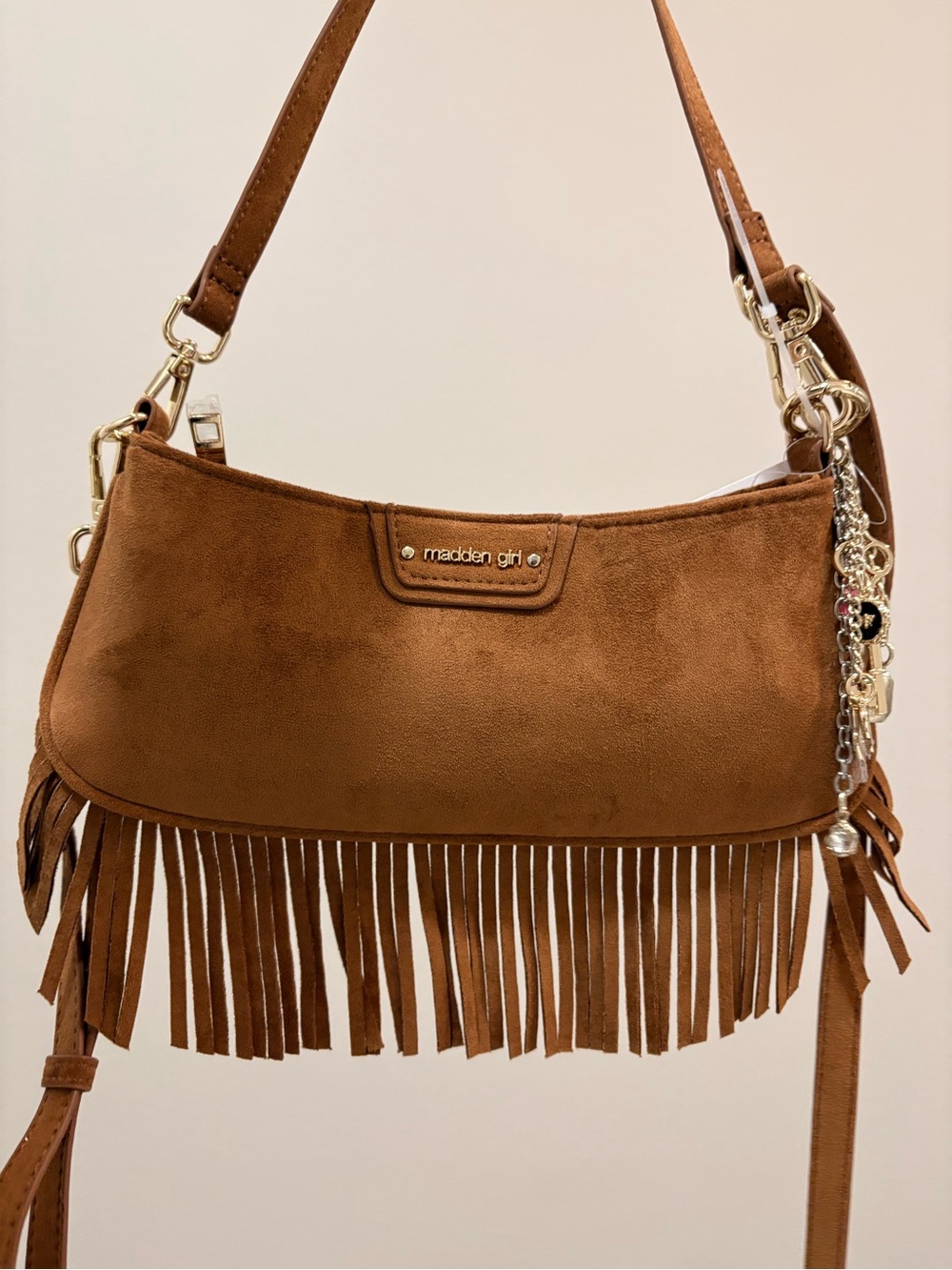 Madden Girl Cognac Fringe Suede Shoulder Bag with Charm Accents - New